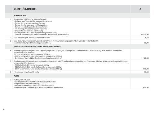 Preisliste Yaris / Hybrid Zubehör 