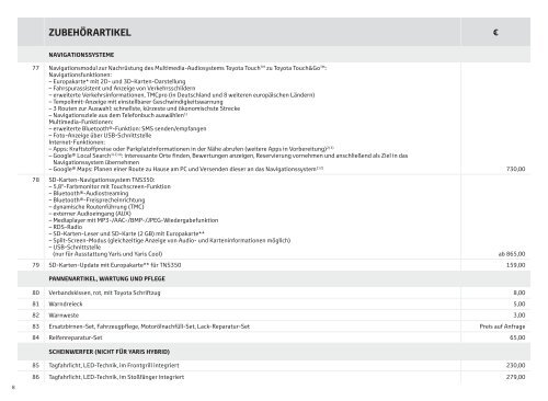 Preisliste Yaris / Hybrid Zubehör 