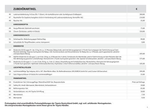 Preisliste Land Cruiser V8 Zubehör