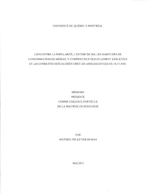 Liens entre la popularité, l'estime de soi, les ... - Archipel - UQAM