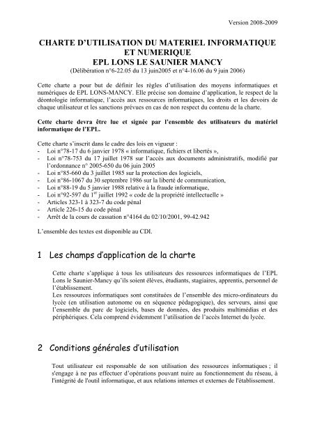 Charte informatique de l'EPL - Lycée agricole de Lons le Saunier ...