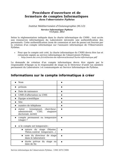 Procédure d'ouverture et de fermeture de comptes Informatiques ...