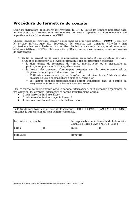 Procédure d'ouverture et de fermeture de comptes Informatiques ...