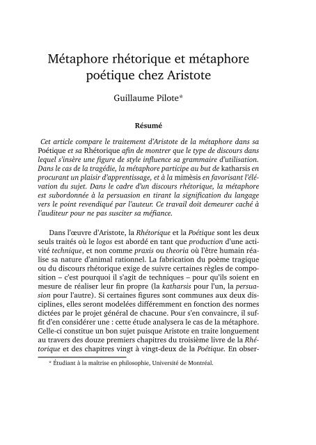 Metaphore Rhetorique Et Metaphore Poetique Chez Aristote Ithaque