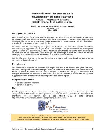 Activité d'histoire des sciences sur le développement du modèle ...