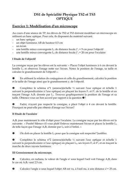 DS1 de Spécialité Physique TS2 et TS3 OPTIQUE Exercice 1 ...