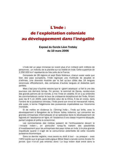 L'Inde : de l'exploitation coloniale au ... - Lutte Ouvrière