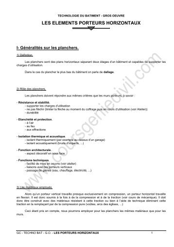 LES ELEMENTS PORTEURS HORIZONTAUX - Cours de Génie Civil