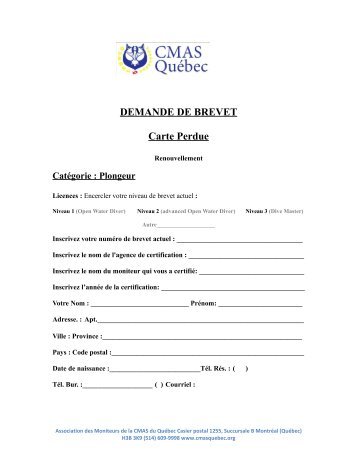 DEMANDE DE BREVET Carte Perdue - CMAS-Québec