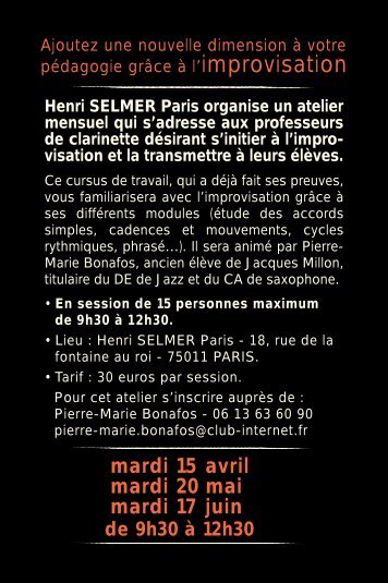 mardi 15 avril mardi 20 mai mardi 17 juin - Henri Selmer Paris