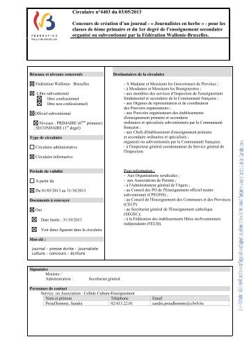 Circulaire 4403 - Enseignement en Communauté française