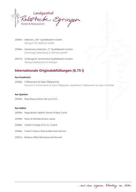 Unsere Sektempfehlungen (0,75 l) - Landgasthof Rebstock Egringen