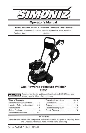 Operator's Manual Gas Powered Pressure Washer - Allparts ...