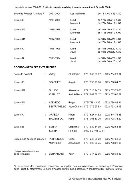 Projet de formation du Mouvement Junior - FC Satigny