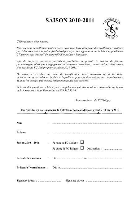 Projet de formation du Mouvement Junior - FC Satigny