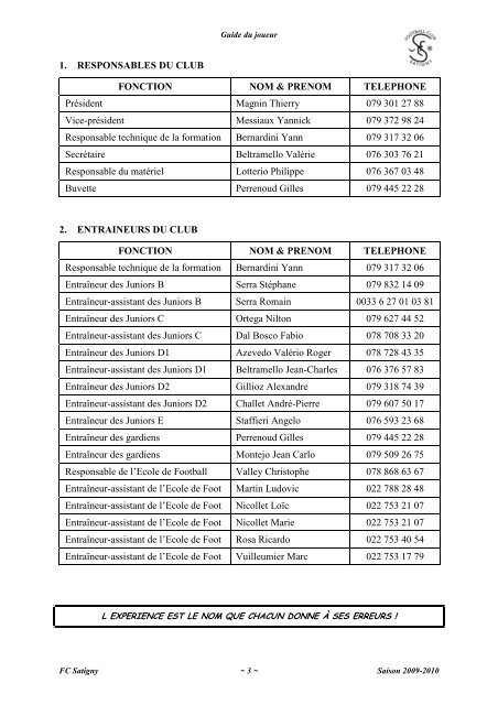 Projet de formation du Mouvement Junior - FC Satigny