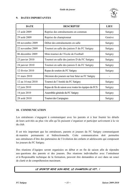 Projet de formation du Mouvement Junior - FC Satigny