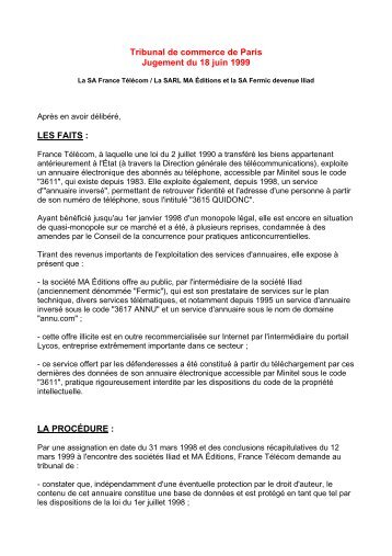 Tribunal de commerce de Paris Jugement du 18 juin 1999 ... - ch.unich