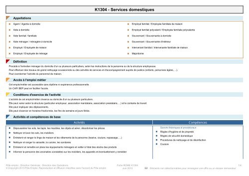 Fiche Rome - K1304 - Services domestiques - Pôle Emploi