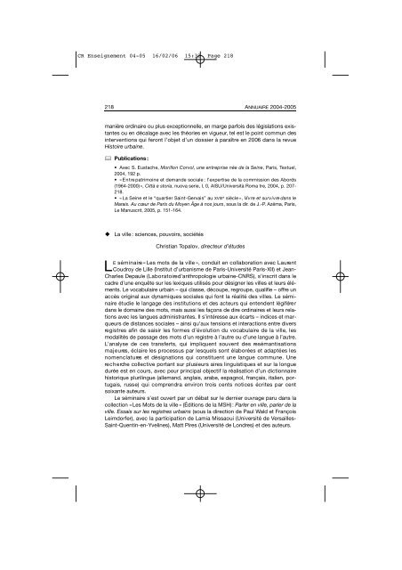 Comptes rendus des cours et conférences de l'EHESS 2004-2005