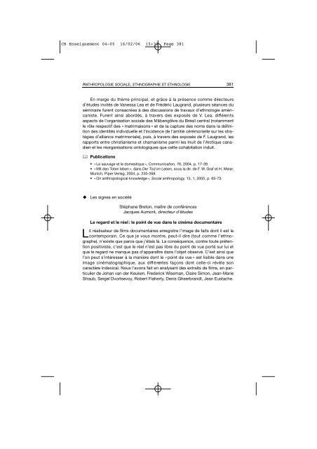 Comptes rendus des cours et conférences de l'EHESS 2004-2005