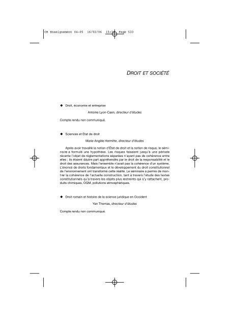 Comptes rendus des cours et conférences de l'EHESS 2004-2005