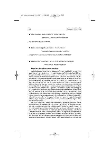 Comptes rendus des cours et conférences de l'EHESS 2004-2005