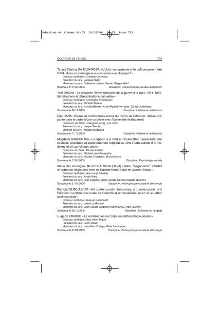 Comptes rendus des cours et conférences de l'EHESS 2004-2005