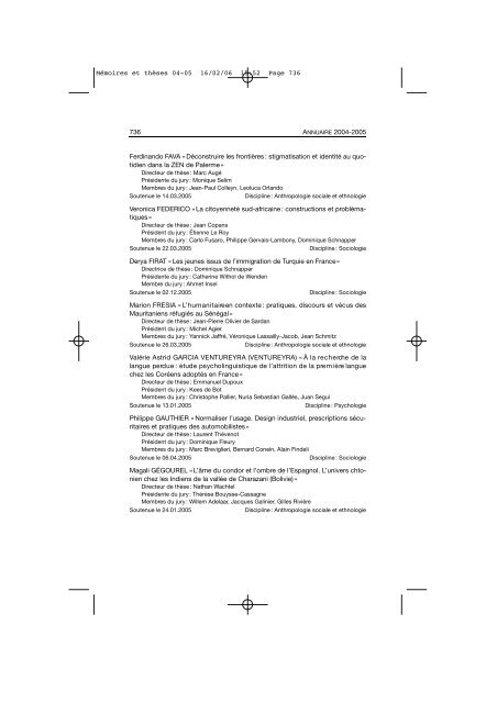 Comptes rendus des cours et conférences de l'EHESS 2004-2005