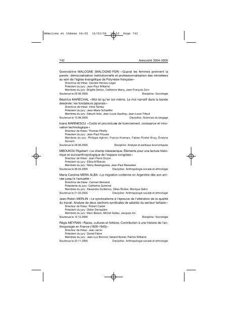 Comptes rendus des cours et conférences de l'EHESS 2004-2005