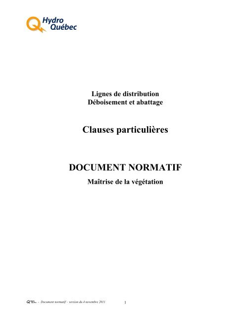 Document normatif – Clauses particulières - Hydro-Québec