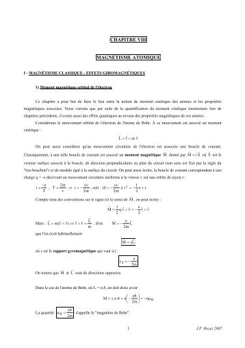 CHAPITRE VIII MAGNÉTISME ATOMIQUE - UPMC