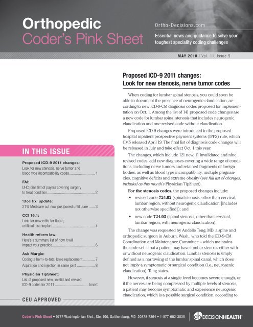 Orthopedic Coder's Pink Sheet - DecisionHealth Store