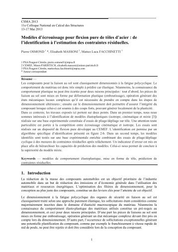 Modèles d'écrouissage pour flexion pure de tôles d'acier - CSMA 2013