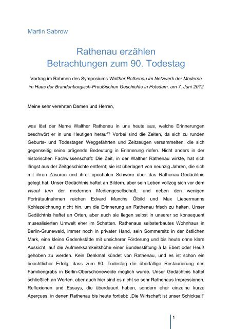 Rathenau erzählen Betrachtungen zum 90. Todestag