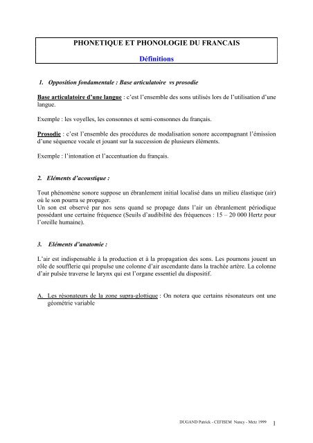 PHONETIQUE ET PHONOLOGIE DU FRANCAIS Définitions