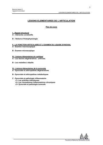 1 LESIONS ELEMENTAIRES DE L'ARTICULATION - Faculté de ...
