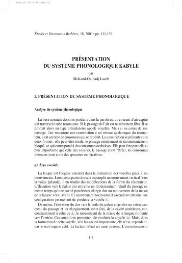LACEB, Mohand Oulhadj, « Présentation du système phonologique ...