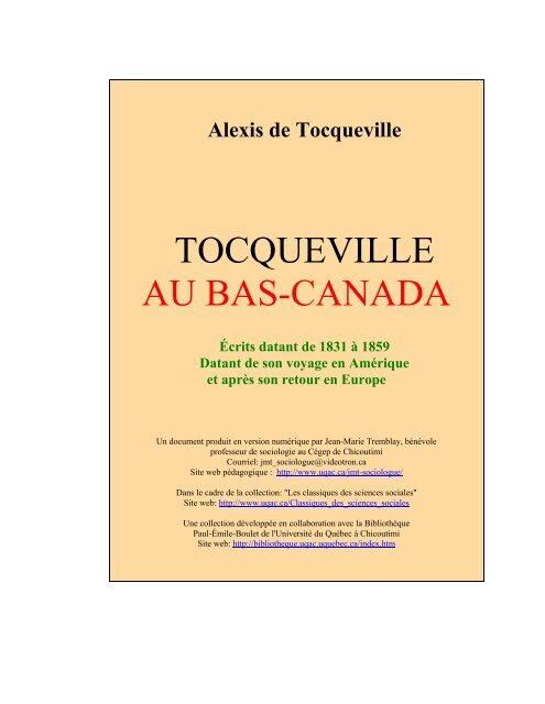 Tocqueville Au Bas Canada Universite Libre De Bruxelles