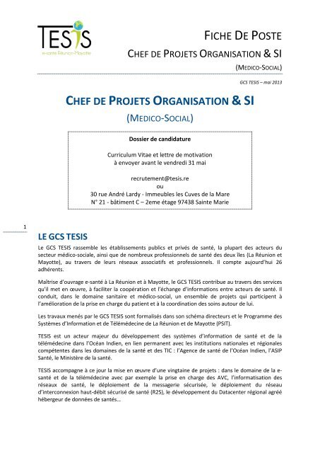 fiche de poste chef de projets organisation &si - Vip Santé Réunion