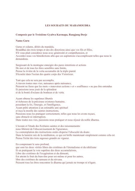 LES SOUHAITS DU MAHAMOUDRA Composée par ... - Sangha Rimé