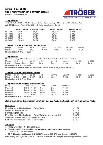 Druck-Preisliste für Feuerzeuge und Werbeartikel - Troeber.com