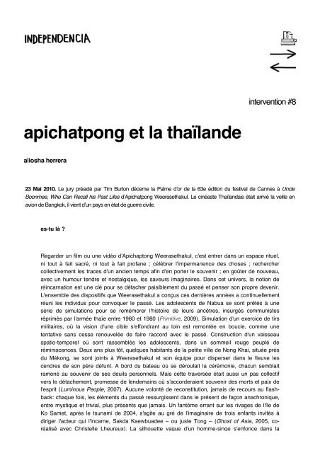 Apichatpong et la thaïlande - Independencia