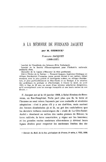 A LA MEMOIRE DE FERNAND JACQUET - Revue de géologie alpine