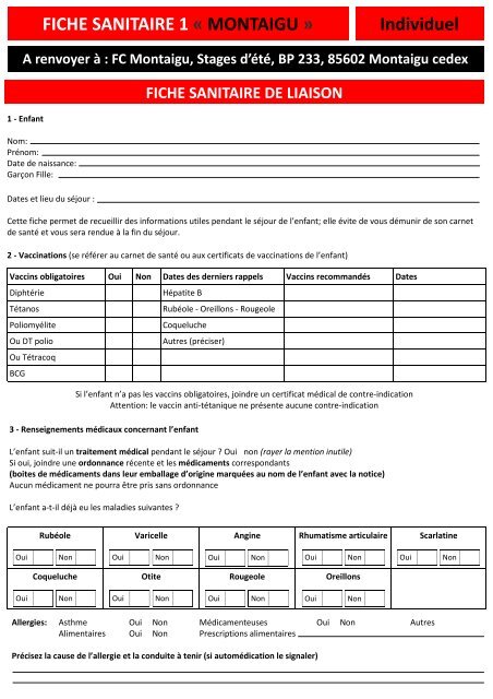 Bulletin d'inscription stages de football MONTAIGU été ... - Foot2Foot