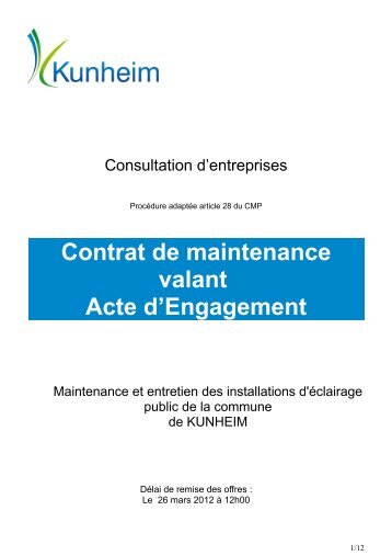 Contrat de maintenance valant Acte d'Engagement - Kunheim