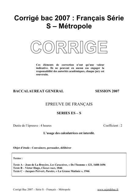 Corrigé du bac S - Francais 2007 - Métropole - Sujet de bac