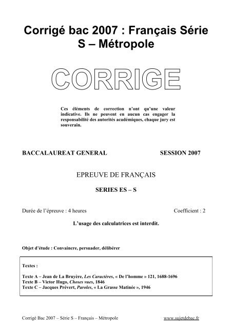 Corrigé Du Bac S Francais 2007 Métropole Sujet De Bac - 