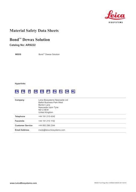 Material Safety Data Sheets Bond™ Dewax ... - Leica Biosystems