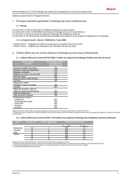 1. Principaux standards applicables à l'éclairage des ... - Legrand